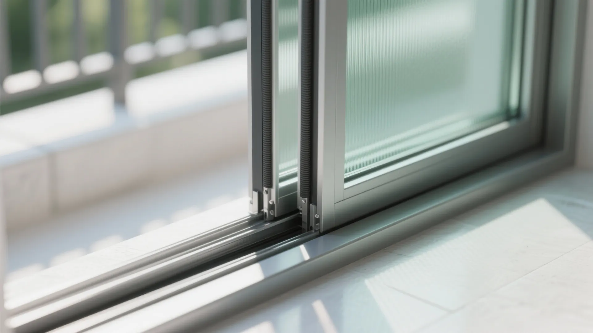 Close up view of sliding glass door metal tracks with frosted glass on a balcony