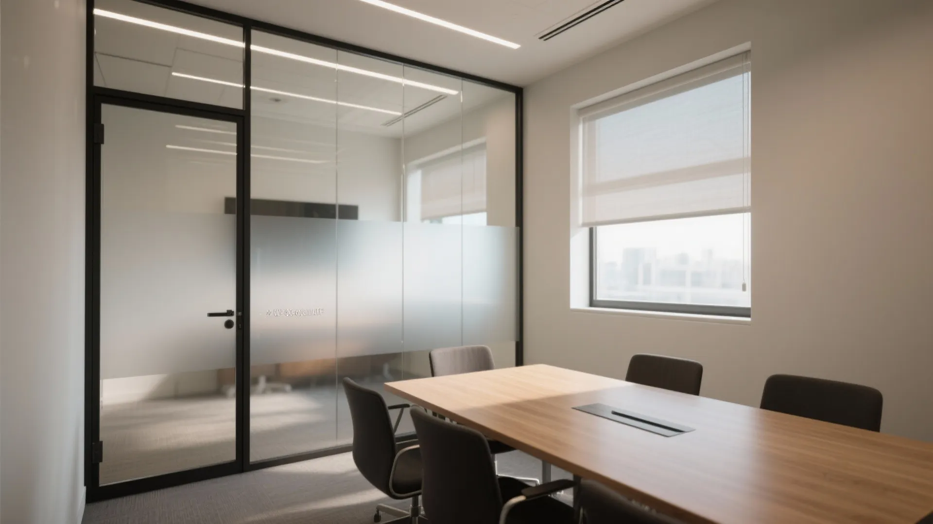 Modern office meeting room with wooden table black chairs frosted glass wall and bright light