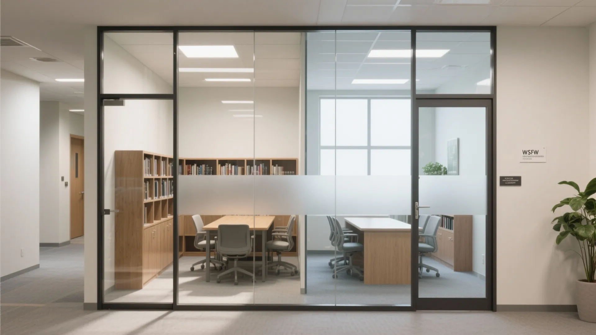 Before-and-after view showing clear glass versus frosted privacy band on a study room partition while keeping upper glass clear for light.