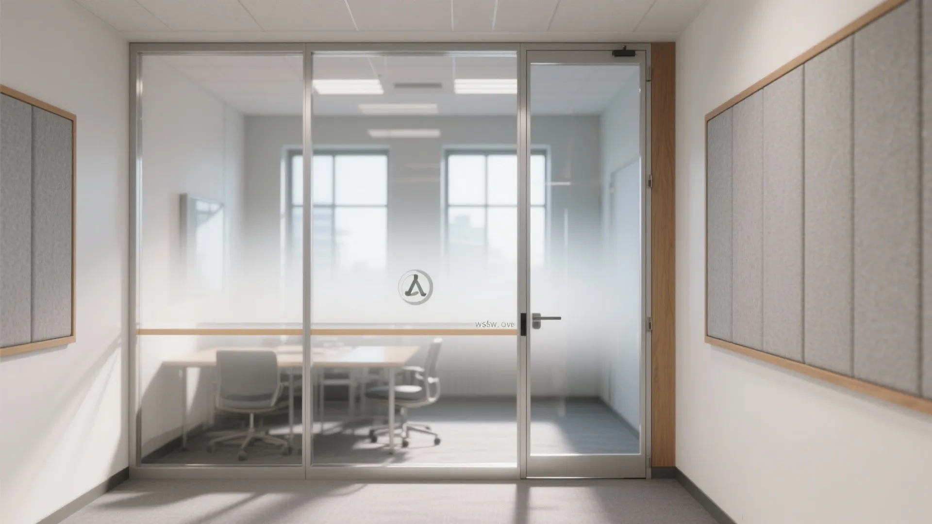 Office interior view through a frosted glass door showing meeting table chairs and white window frame