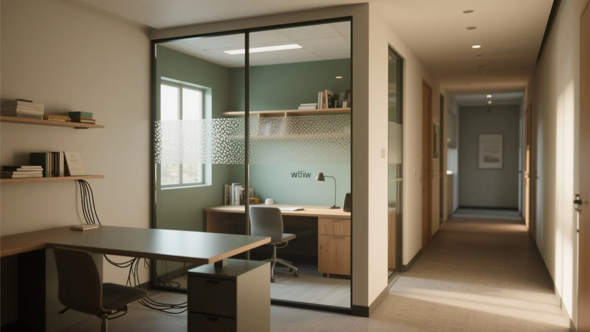 Modern office room with glass walls, frosted film for privacy, wooden desk, and green wall