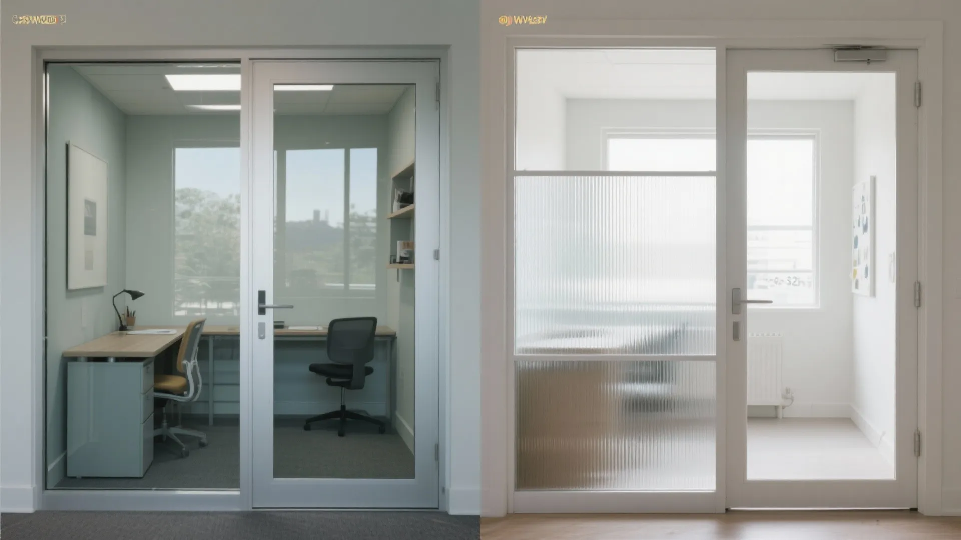 Before and after comparison showing clear glass office door versus private frosted glass office door