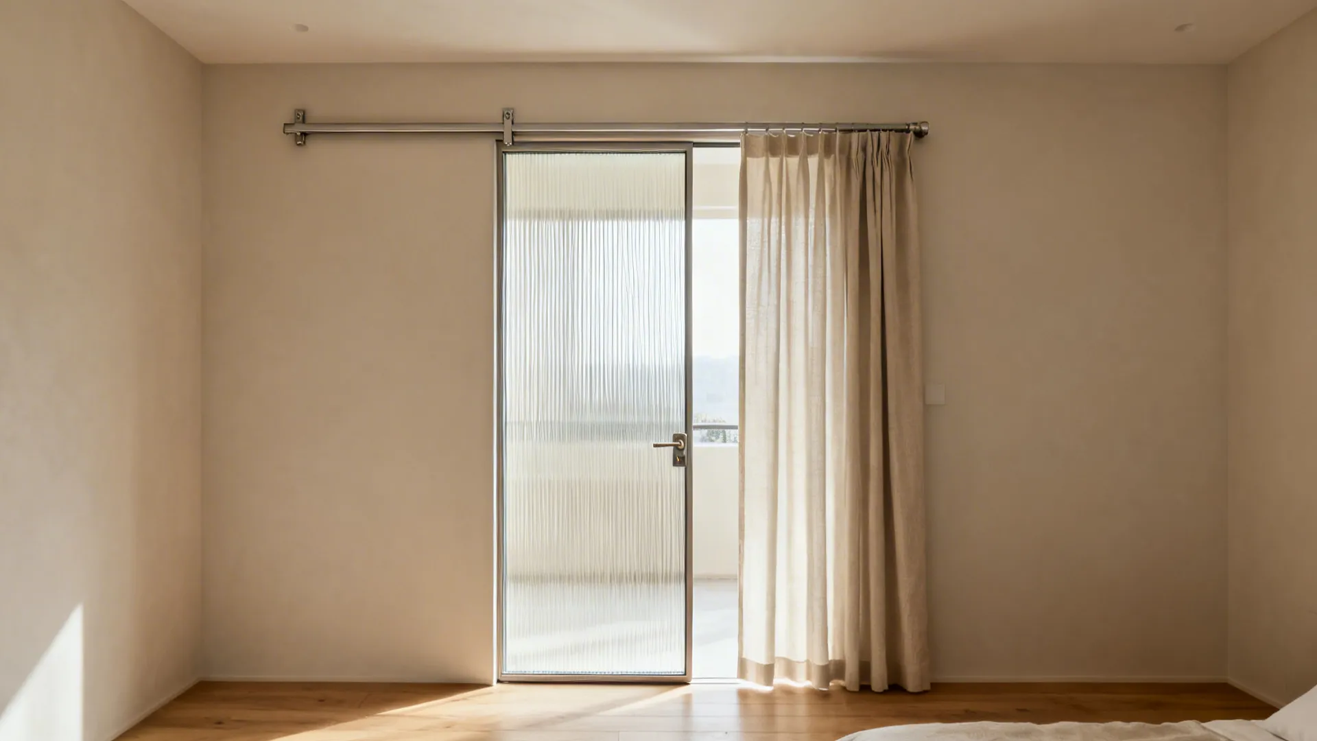 Sliding fluted glass door with beige curtain on metal rod beside warm light wooden floor