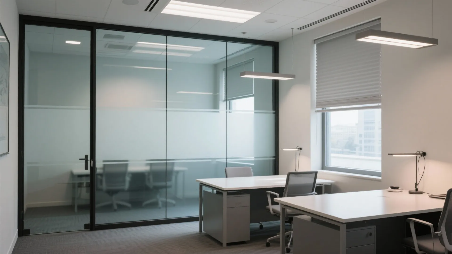 Modern office interior with glass walls, privacy film, white desks, gray chairs, and ceiling lights