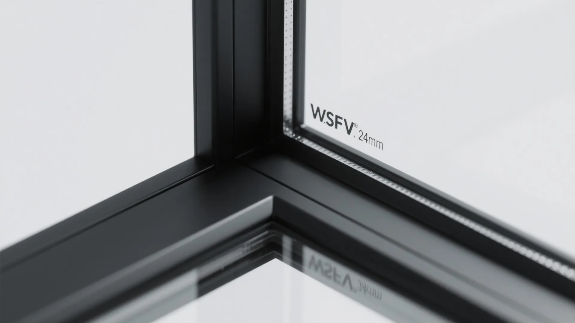 Close up view of black metal frame windows showing double glass layers and small text