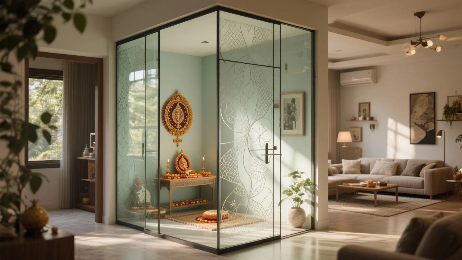 Modern prayer room enclosed in glass walls with flower decorations next to a beige living room