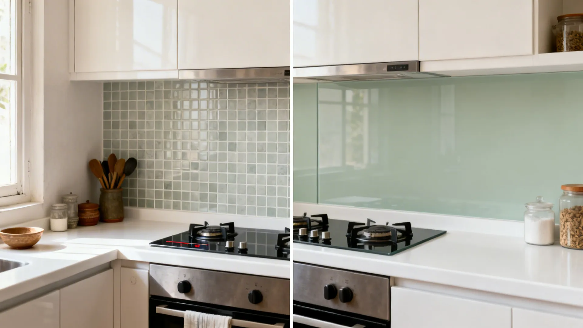 Before-and-after showing grout-heavy backsplash replaced by a seamless glass or quartz panel.