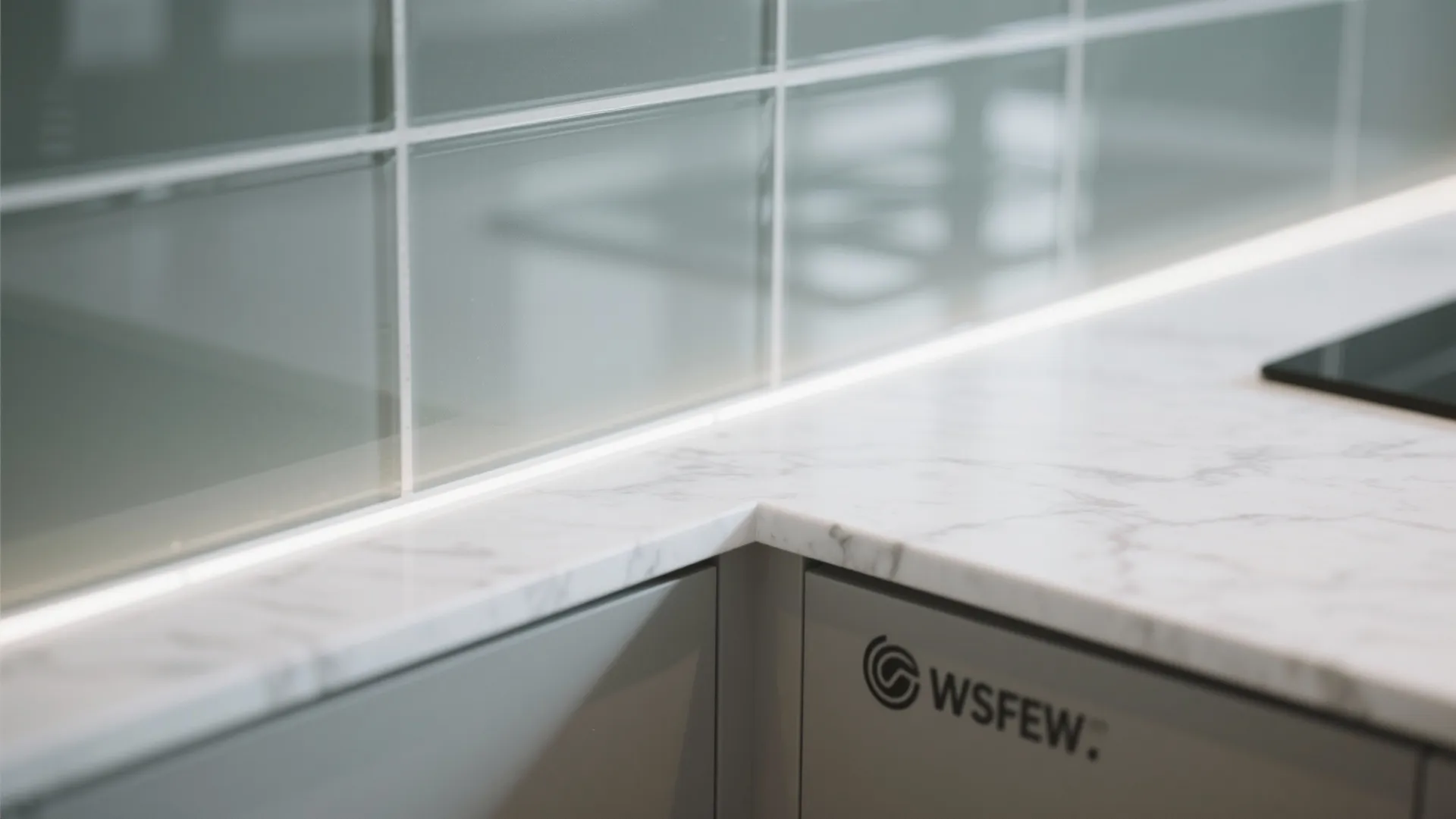 Close up of white marble countertop with green glass wall tile and bright under cabinet lighting