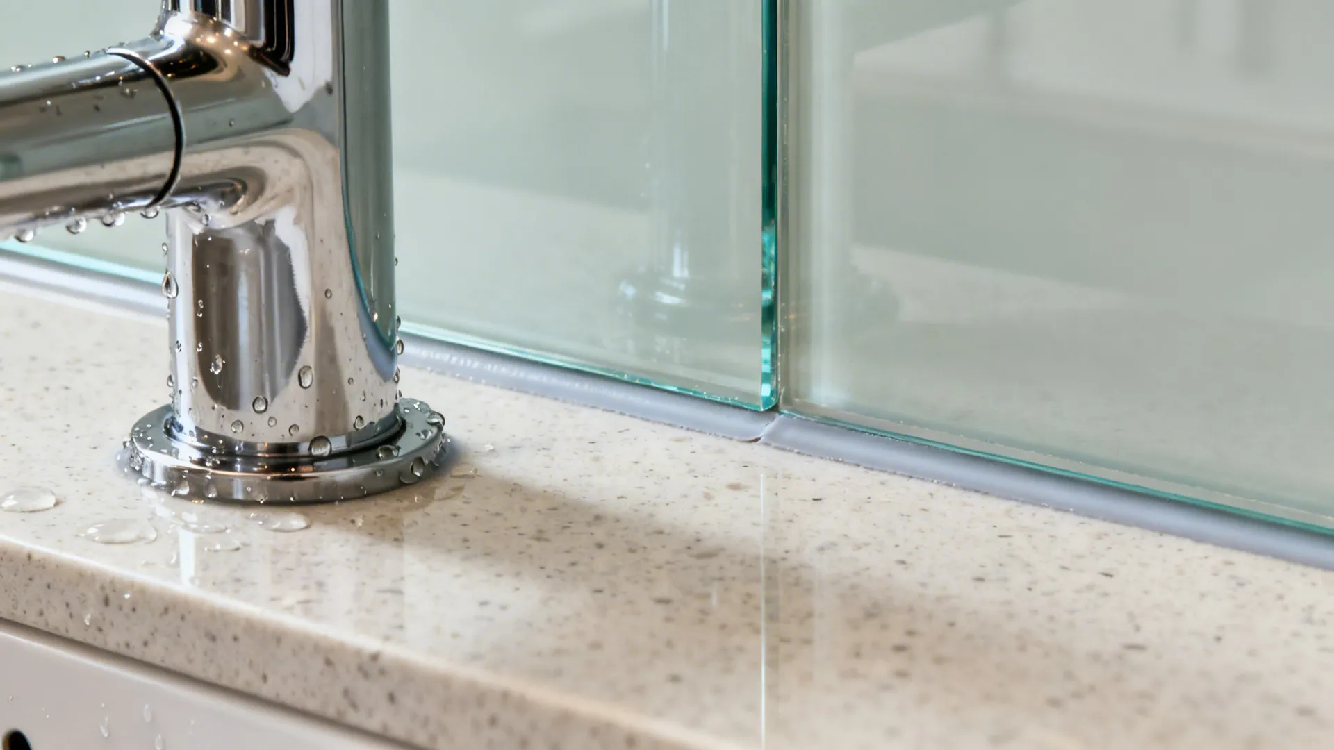Macro of low-iron glass backsplash meeting quartz counter with tidy color-matched silicone edge.