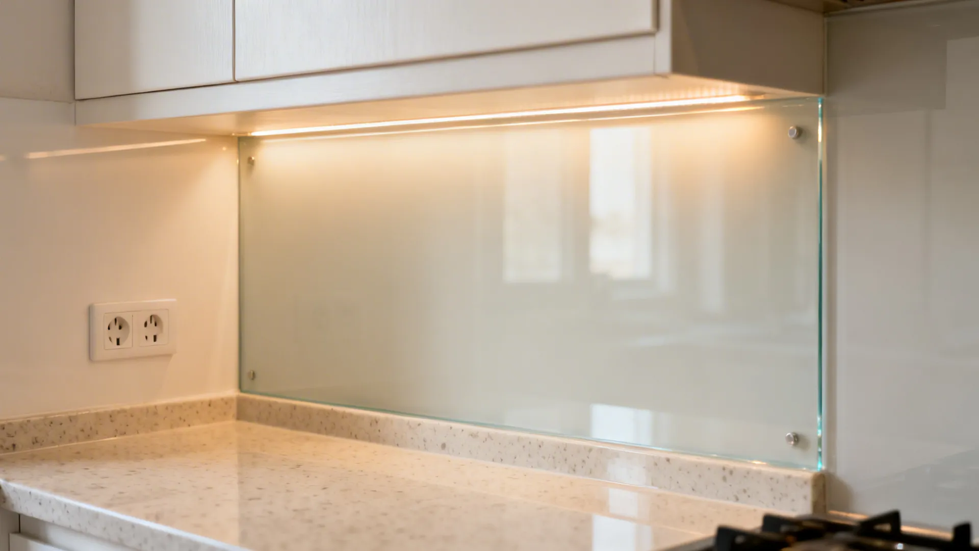 Close-up of a low-iron glass backsplash meeting a quartz countertop with warm LED glow.