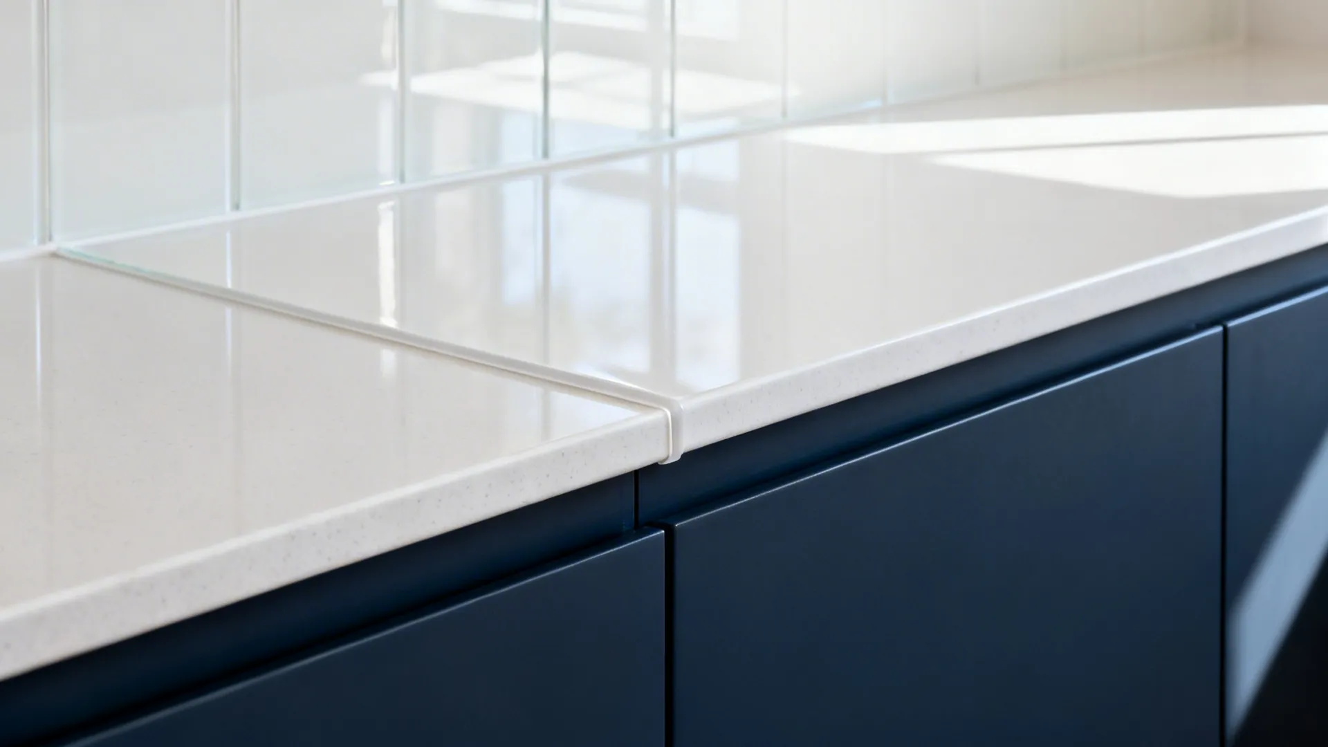 Close-up of back-painted glass backsplash meeting white quartz over navy cabinetry.