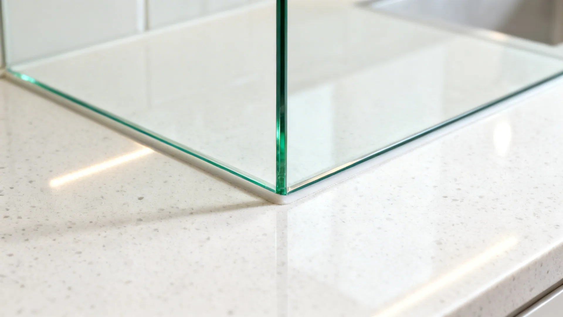 Macro of clear glass backsplash edge above white quartz countertop with soft reflections.