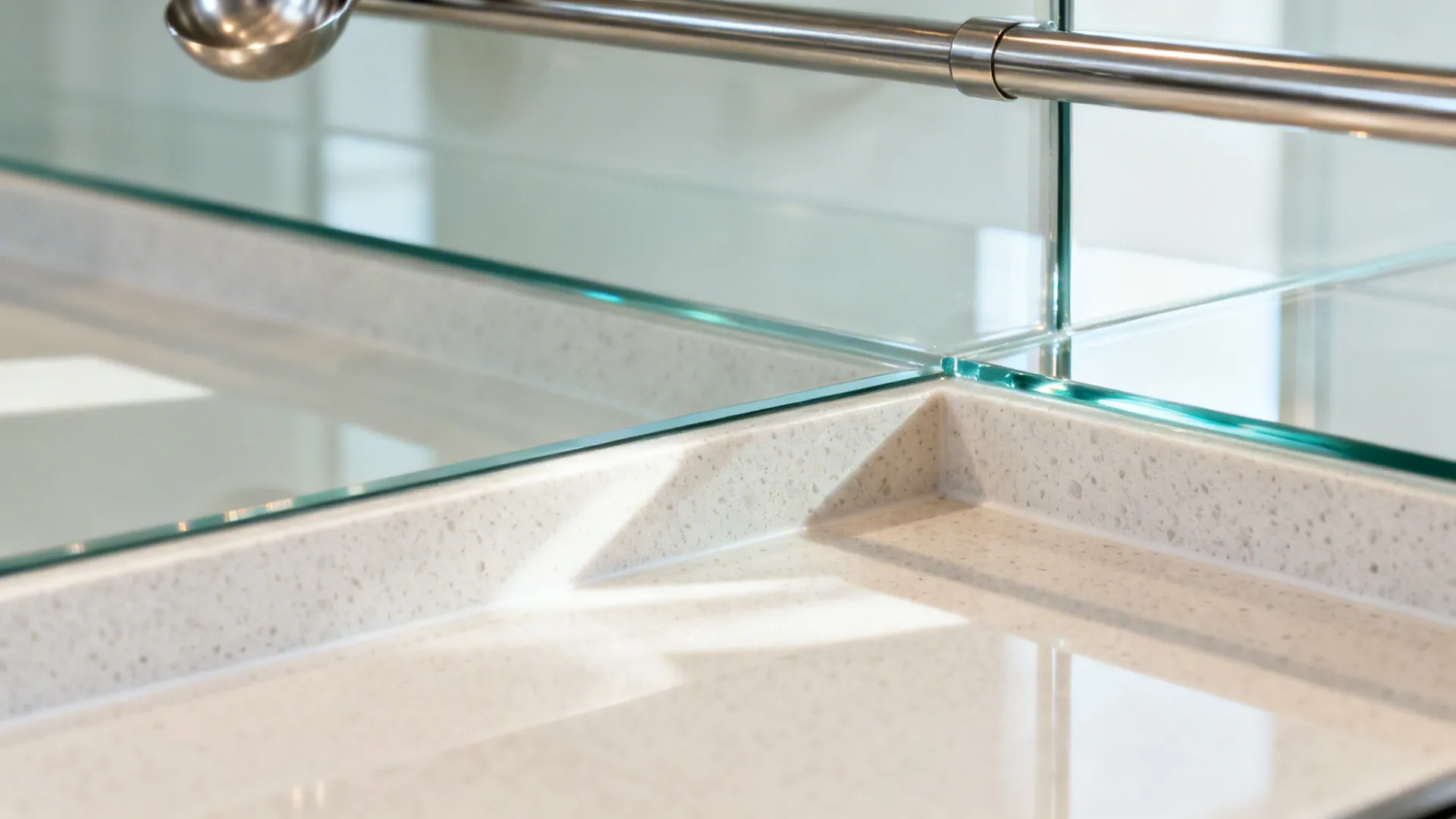 Close-up of back-painted glass backsplash meeting a light quartz countertop.