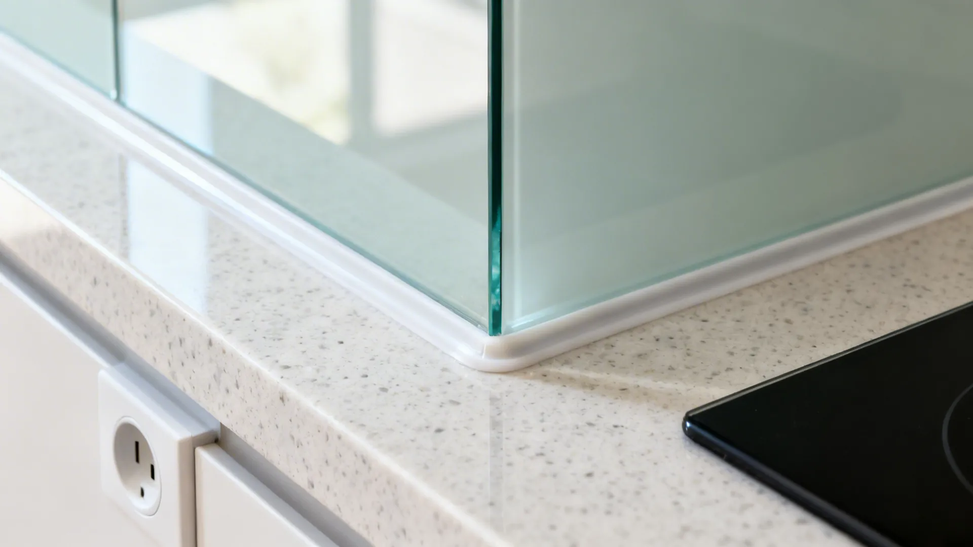 Macro detail of glass backsplash edge, clean silicone, and quartz countertop junction.