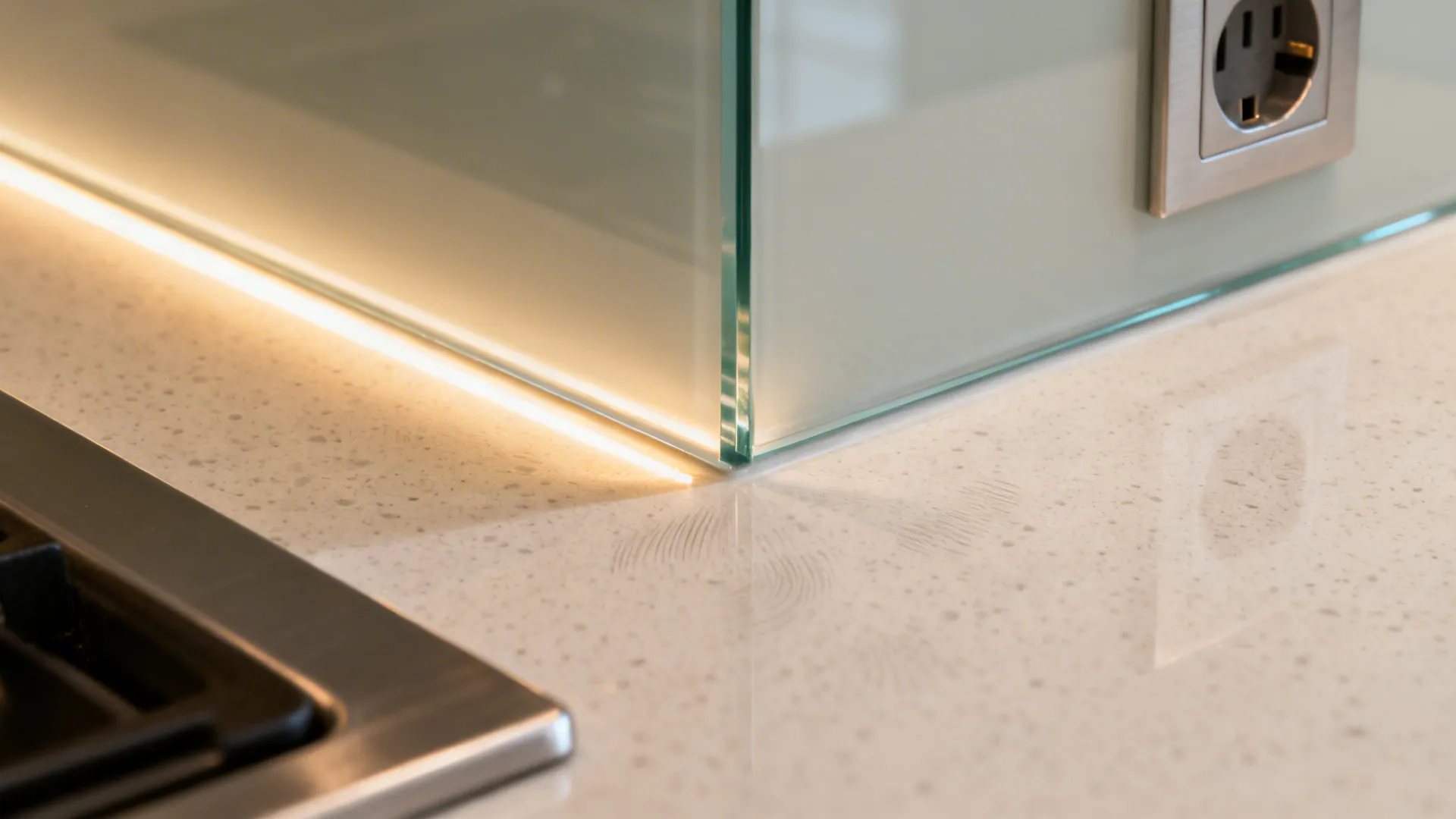 Macro of low-iron glass backsplash edge and quartz counter with precise outlet cutout.