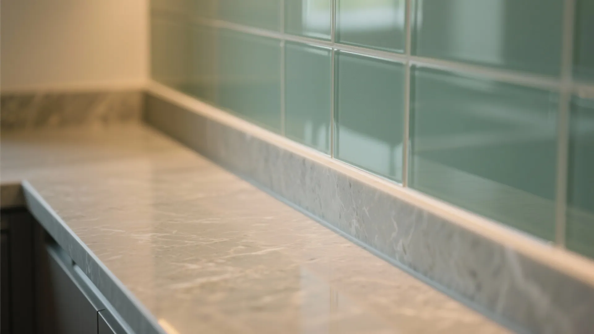 Close up of grey marble countertop with green wall tiles and warm under cabinet lighting