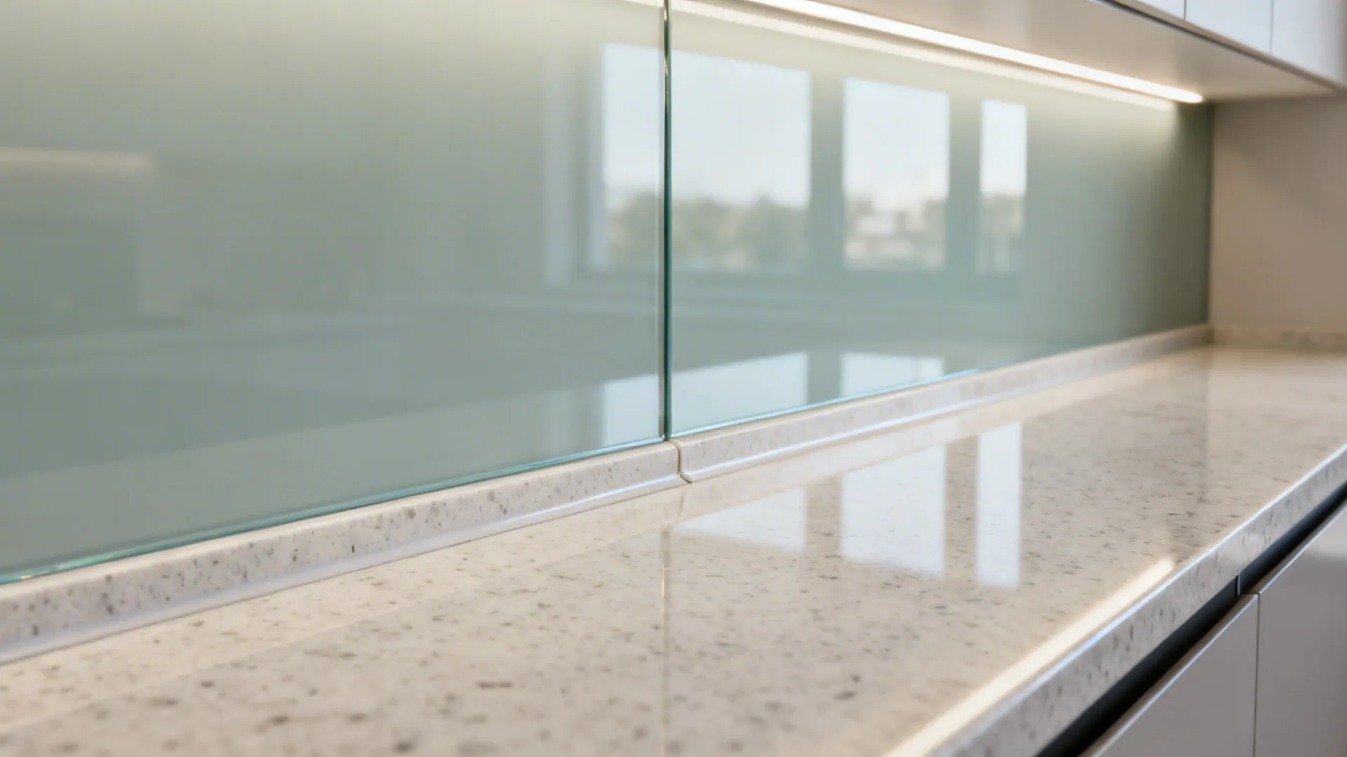 Macro of a tempered glass backsplash neatly jointed to a quartz counter with clean silicone.