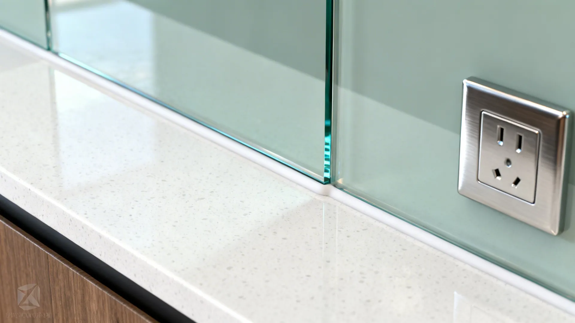 Close-up of low-iron glass backsplash meeting quartz countertop with clean sealed edge.