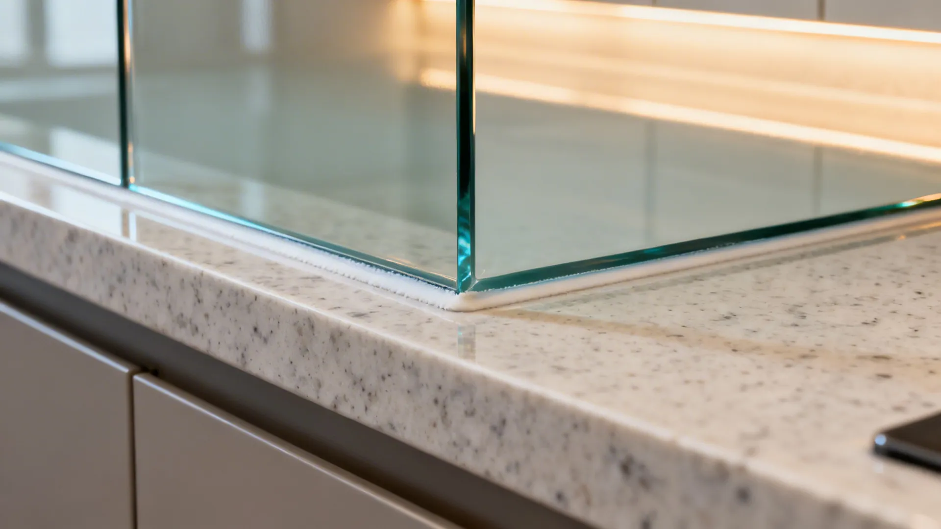 Close-up of low-iron glass backsplash meeting pale quartz countertop with soft LED glow.