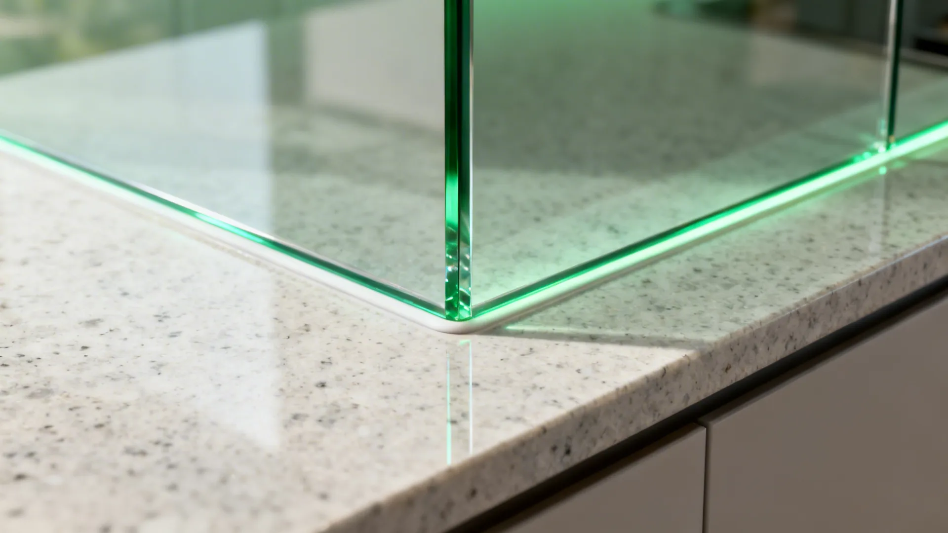 Macro of low-iron glass backsplash meeting a thin quartz countertop with clean detailing.