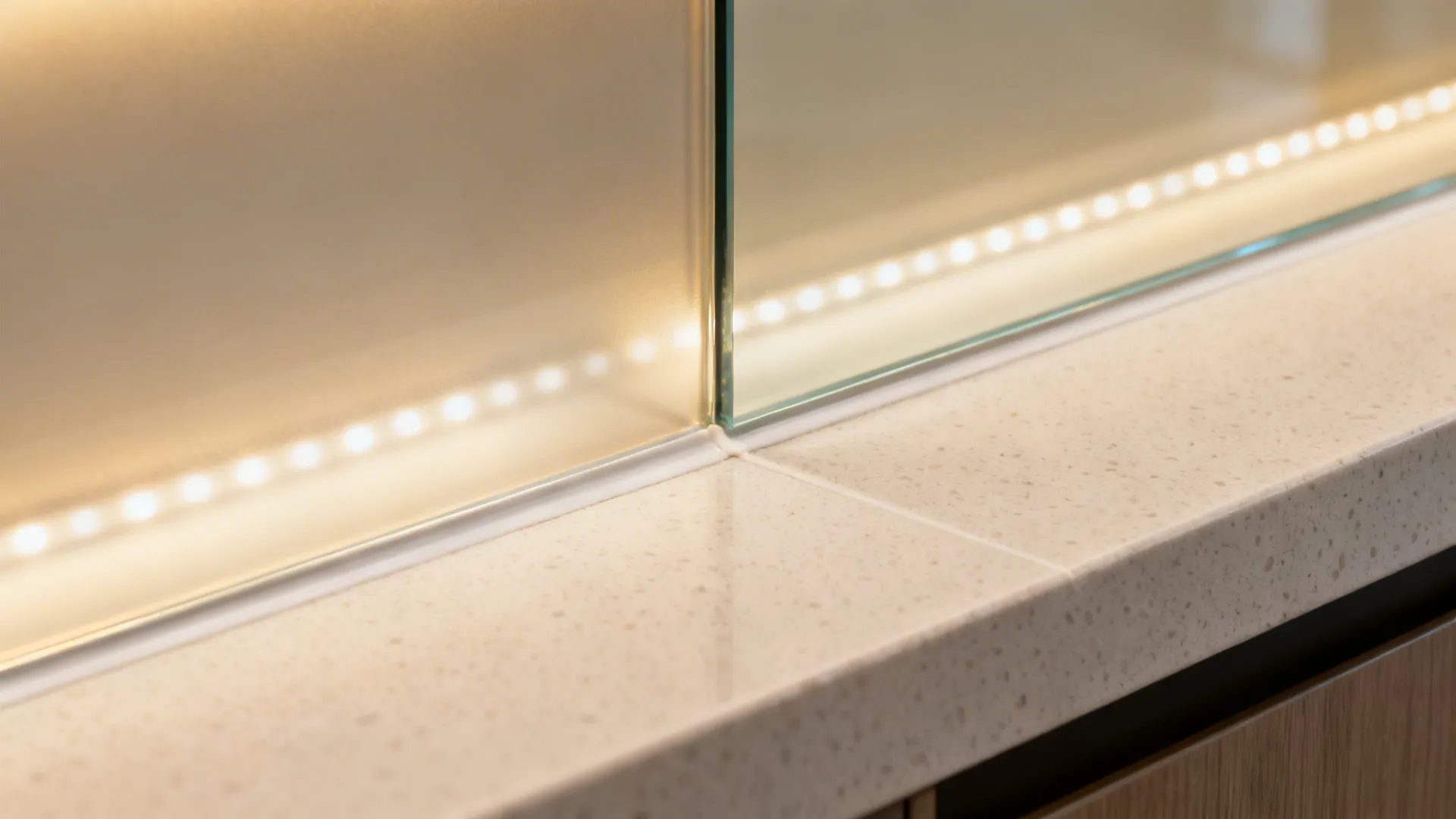 Macro of satin back-painted glass backsplash meeting a light quartz countertop.