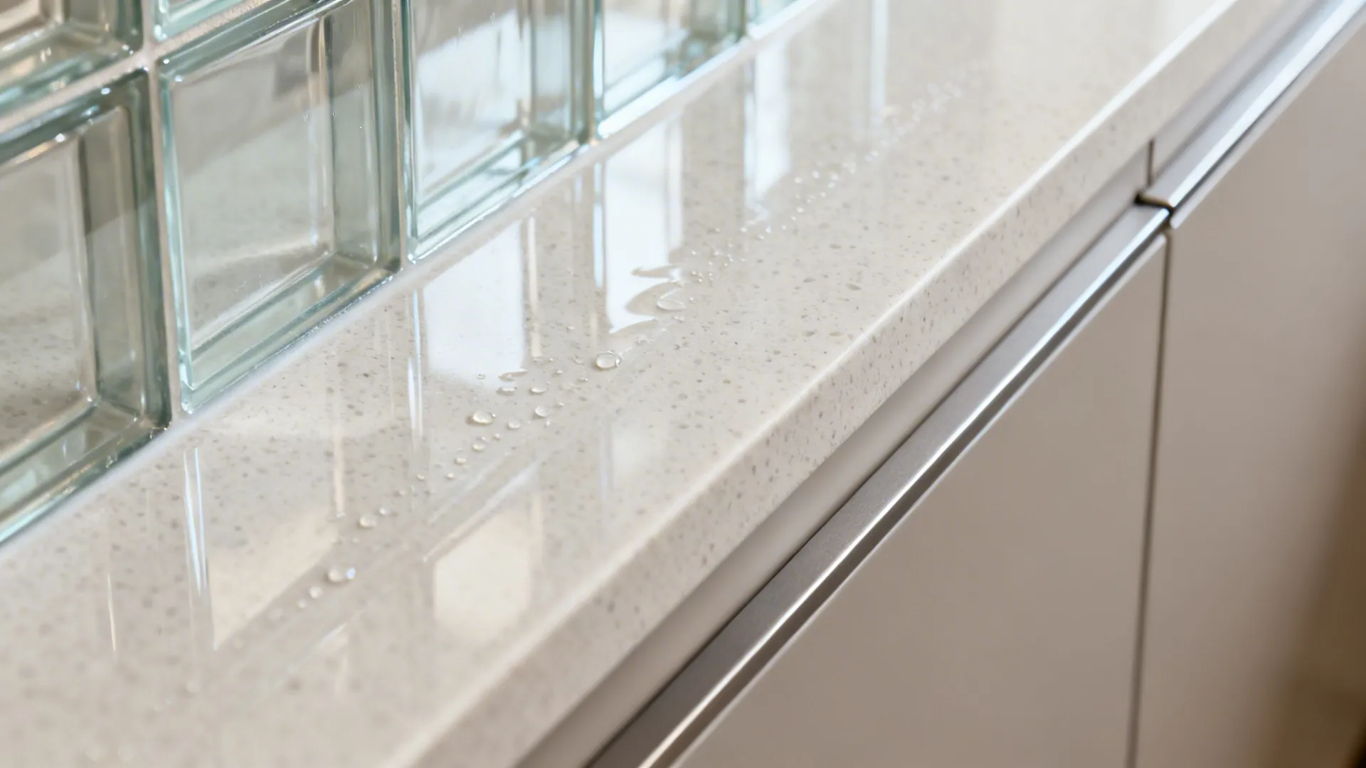 Close-up of tempered glass backsplash and pale quartz countertop in soft daylight.
