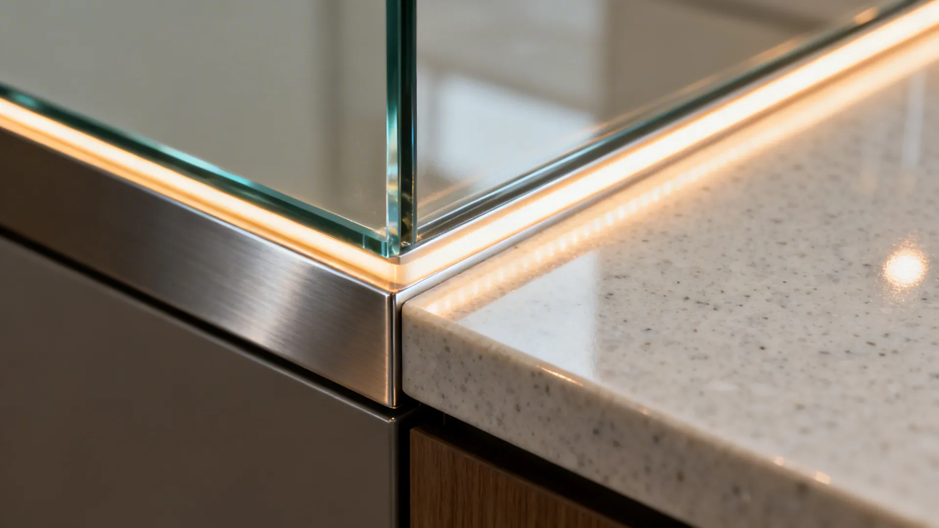 Macro of low-iron glass backsplash meeting satin quartz countertop with warm LED reflection.