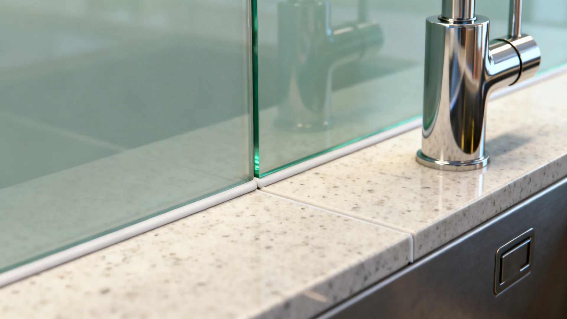 Close up of kitchen counter with a glass splash wall and a shiny metal faucet