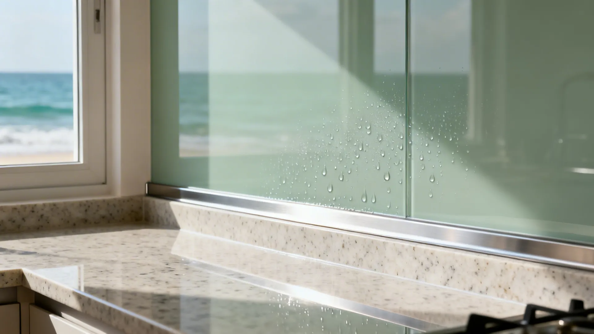Macro of sage glass backsplash meeting a quartz upstand with a clean aluminium edge seal.