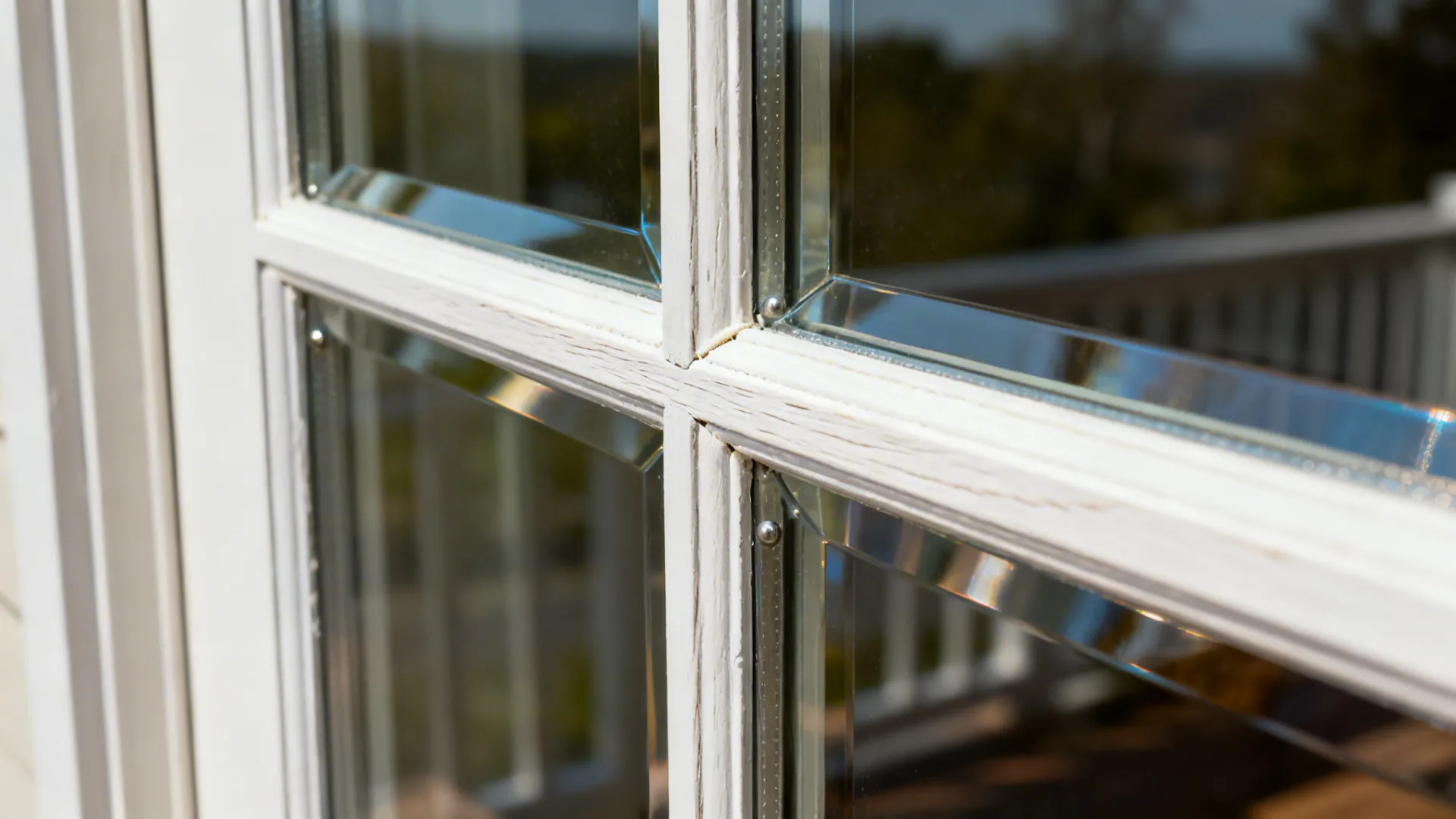 Macro of routed cabinet frame holding a clear glass insert with a slim mullion and neat stops.
