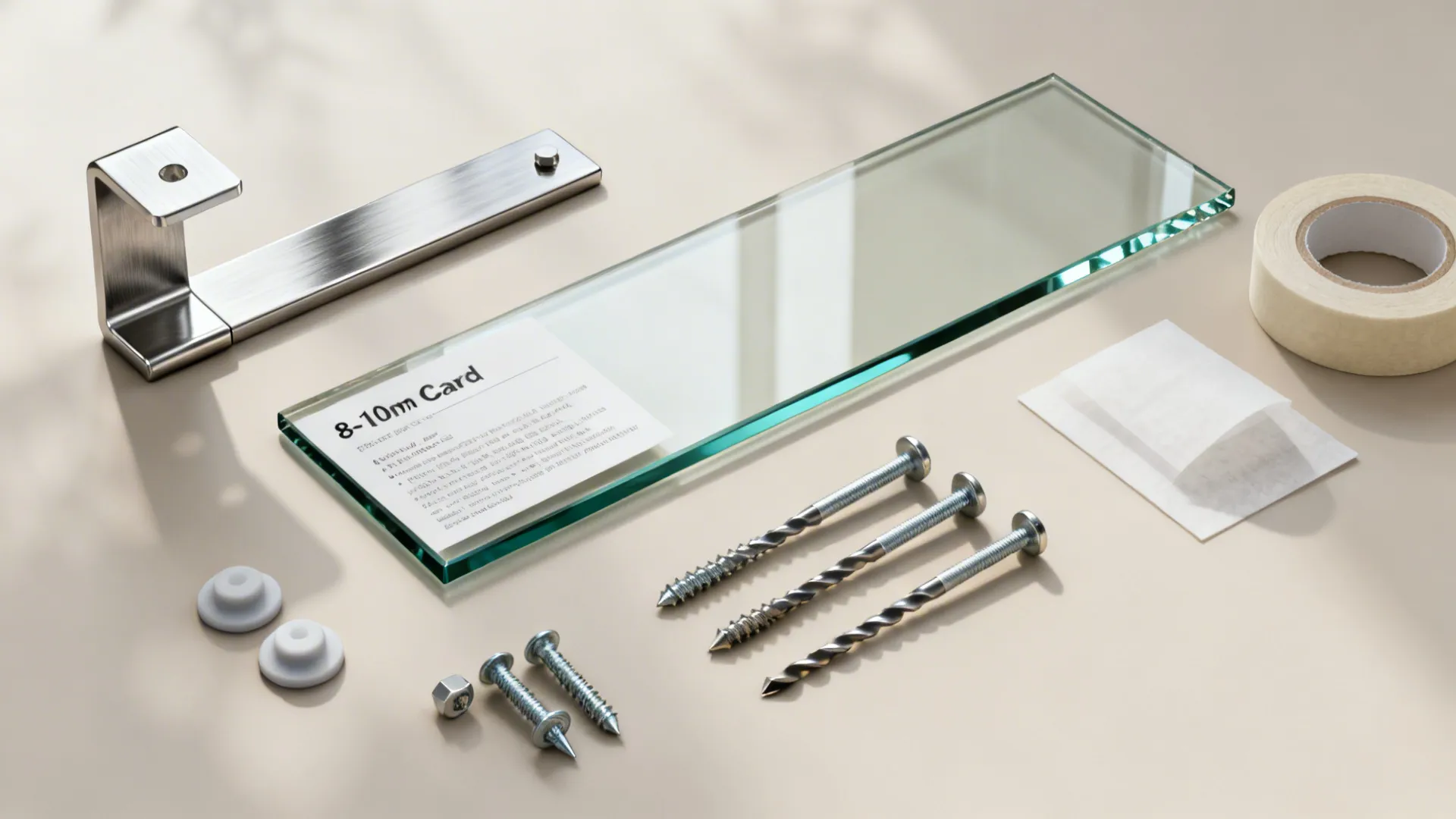 Flat lay of low-iron glass, stainless brackets, anchors, and tools for installing a glass rack.