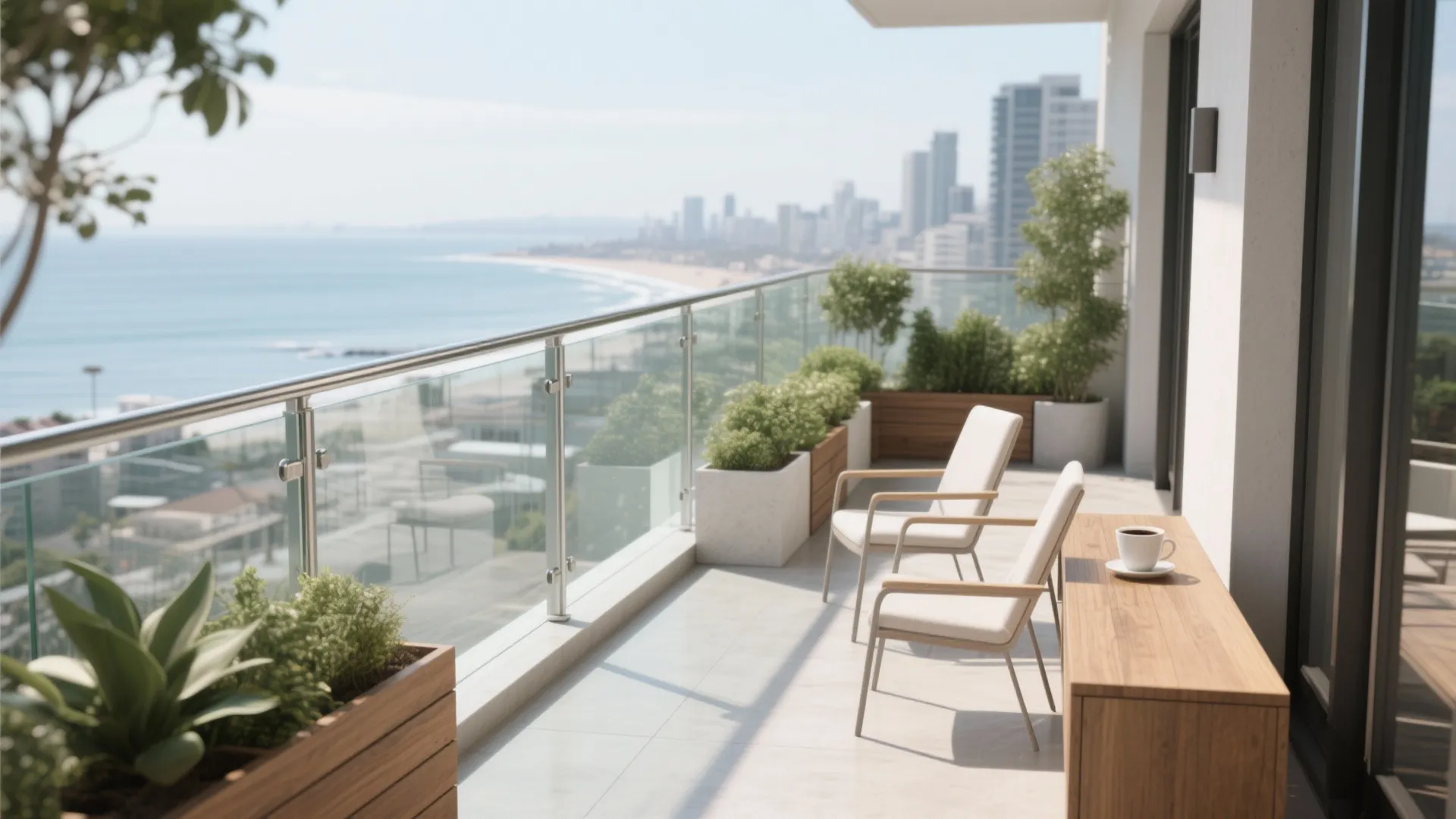 Modern balcony with glass railing two white chairs wooden table and view of the ocean