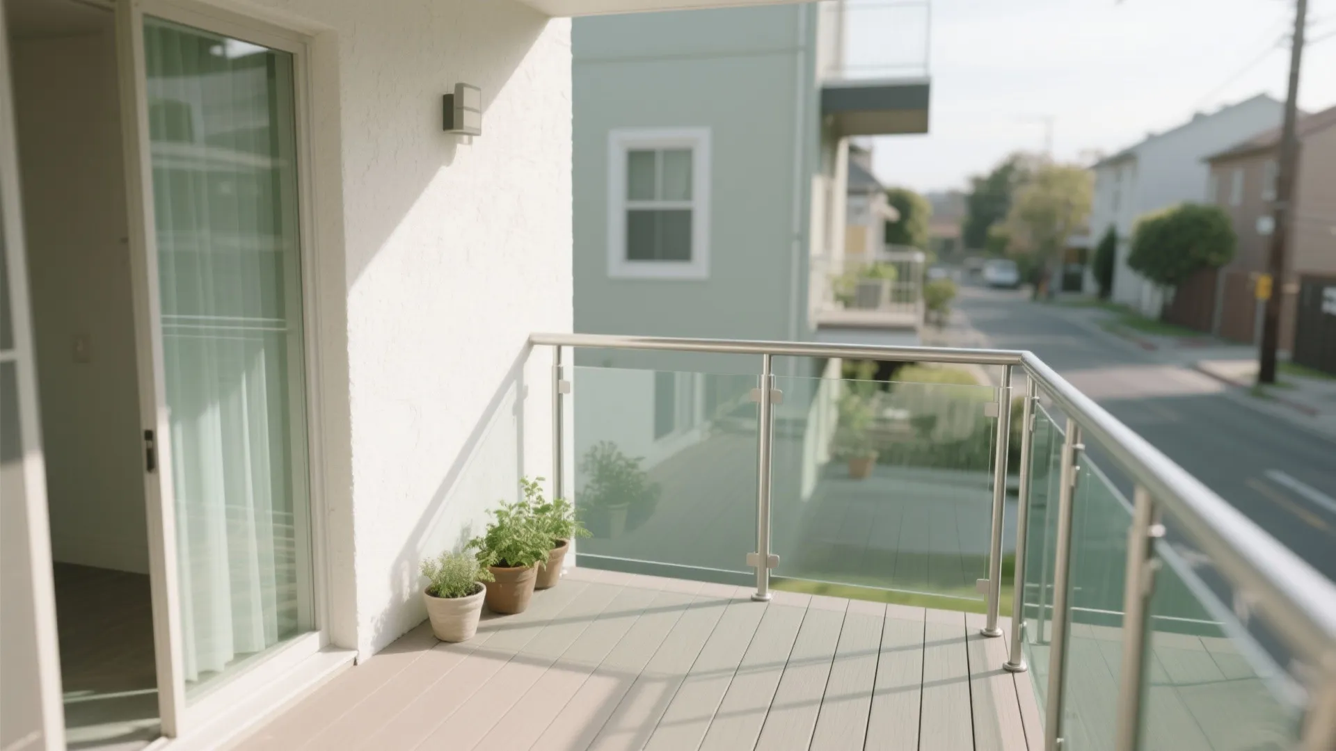 Modern balcony design with glass railing, wooden floor, small potted plants, and a street view