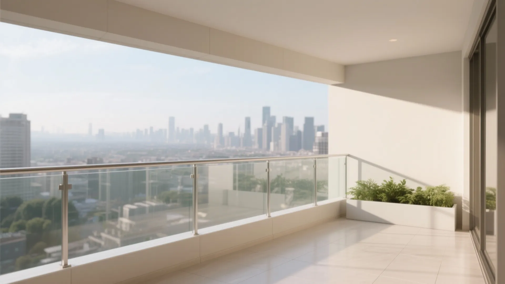 Modern balcony with glass railing overlooking a city skyline with white walls and green plants