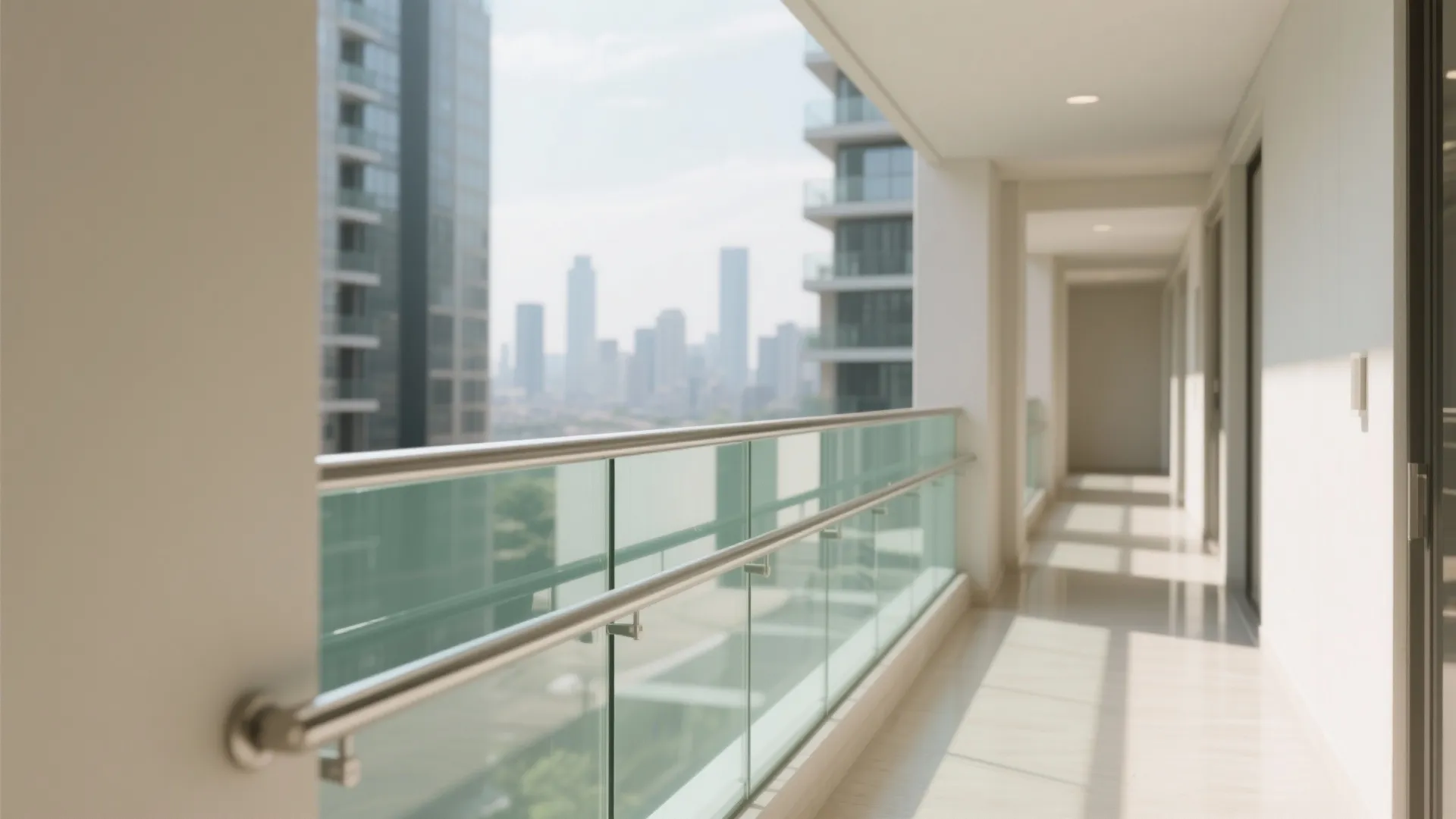 Modern apartment balcony featuring a glass railing with metal handrail and view of city buildings