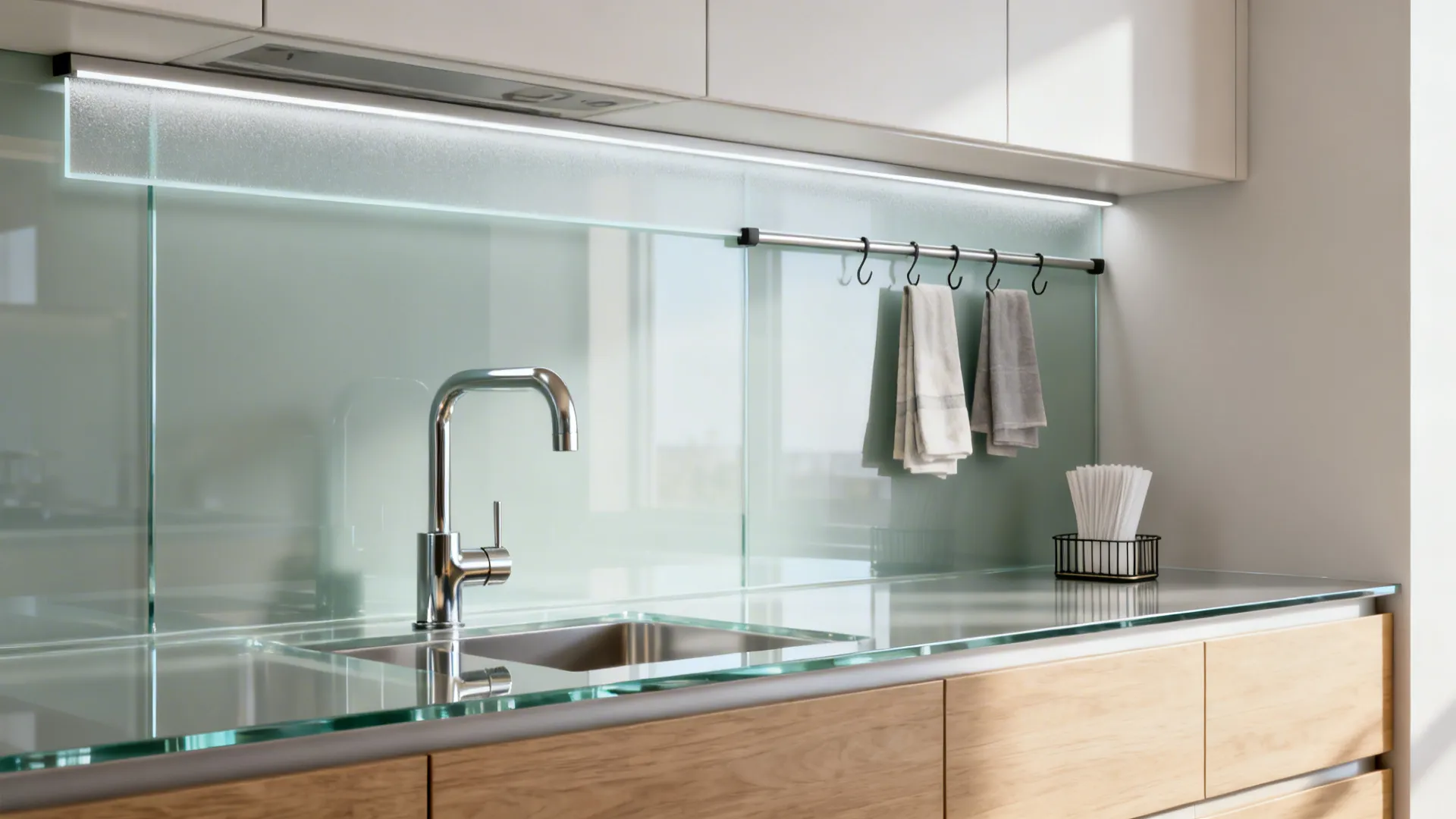 Glass Backsplash with Hidden Rail