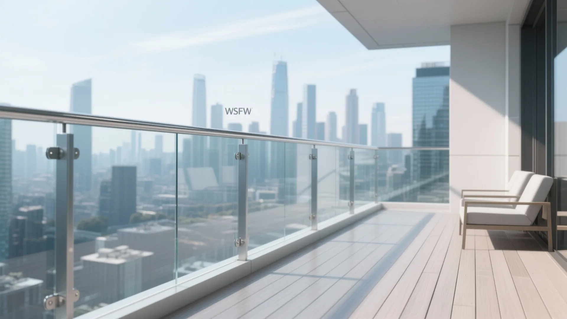 Minimalist apartment balcony featuring clear glass railings light wood floor white chairs and city skyline views