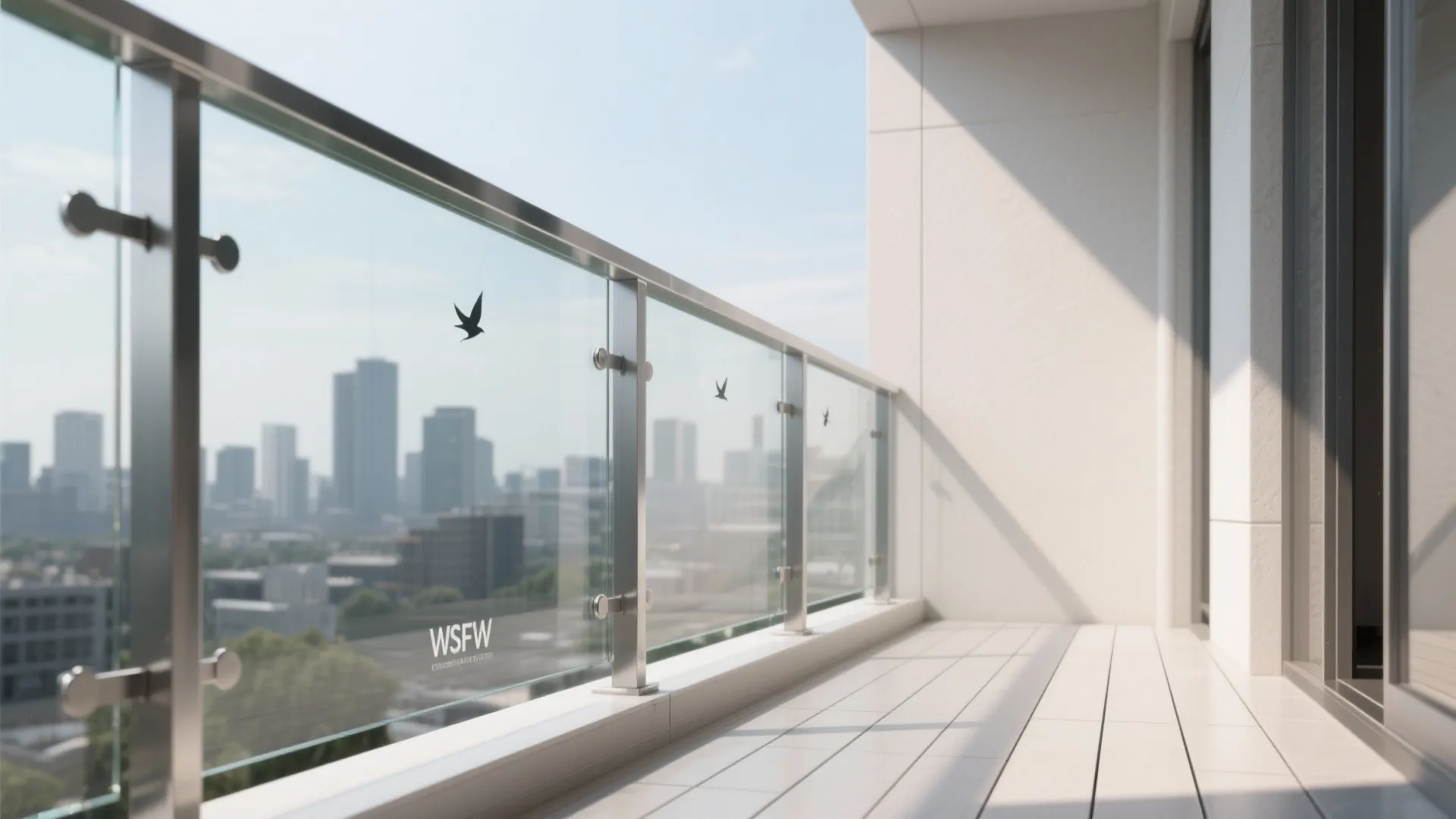 Slim-post glass railing on a tiny balcony with polished edges and city view in soft daylight.