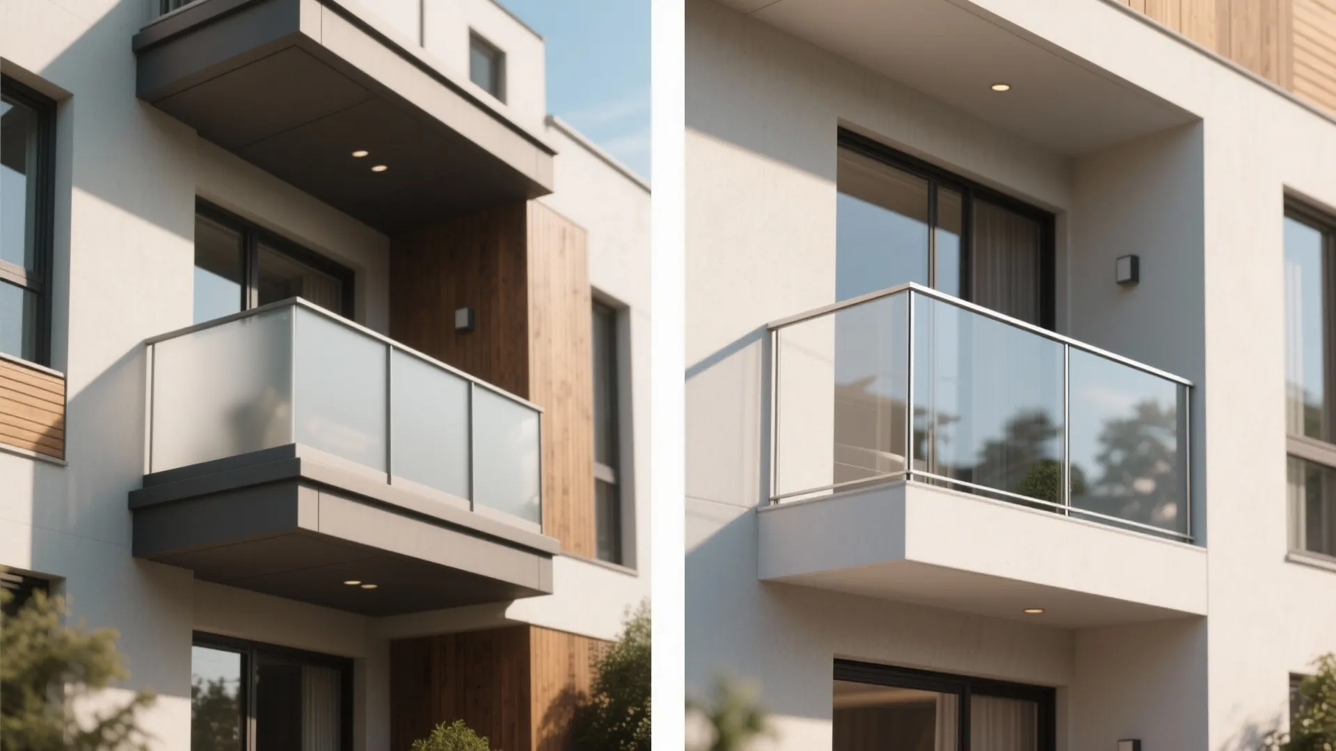 Before and after comparison showing a frosted glass balcony railing versus a clear glass railing