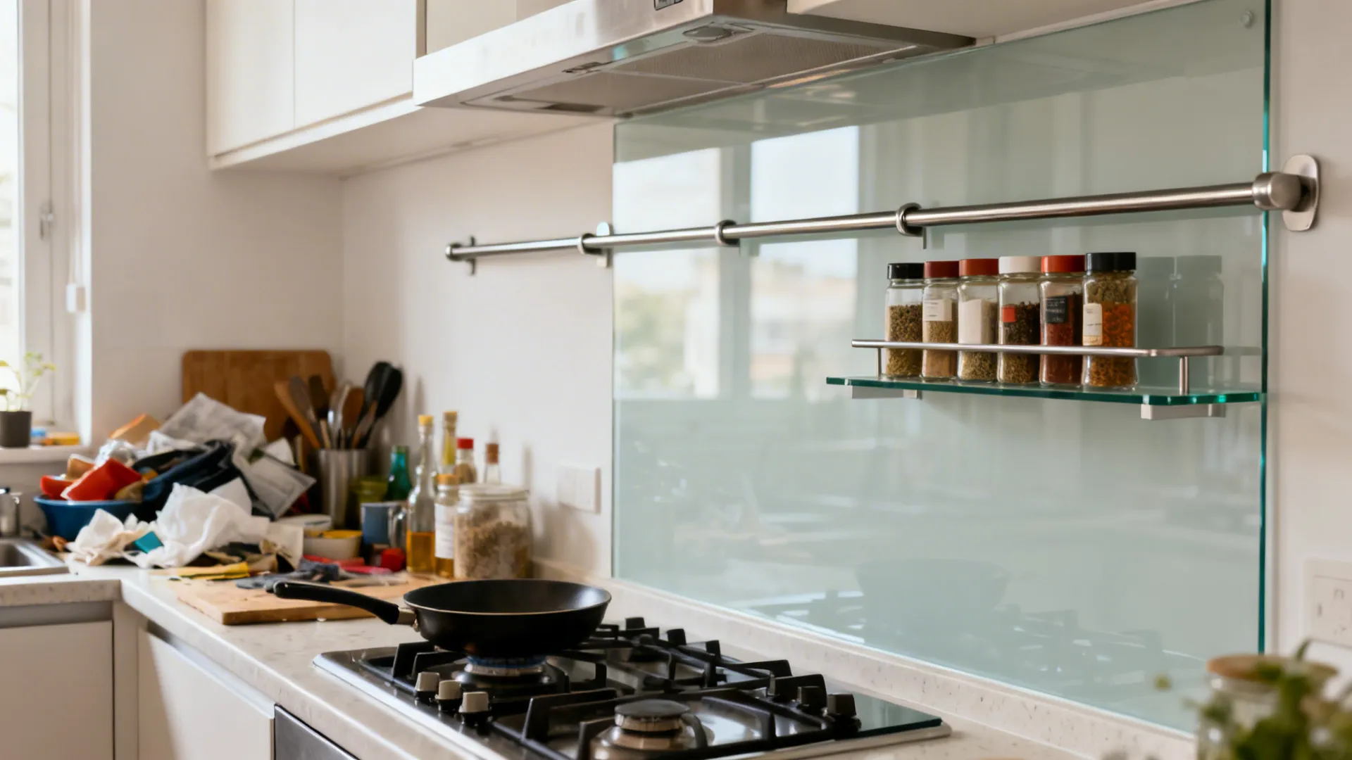 Before-and-after of a kitchen wall upgraded with a glass backsplash and floating rails.