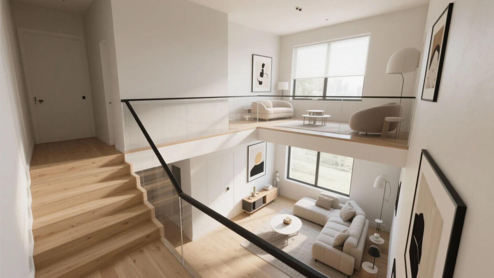 Modern interior design drawing showing wooden stairs glass railing and a bright living room with sofa