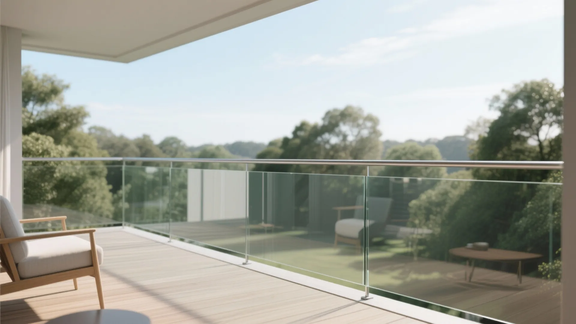 Modern balcony featuring glass windows railing and wooden floor with lounge chair under bright natural light
