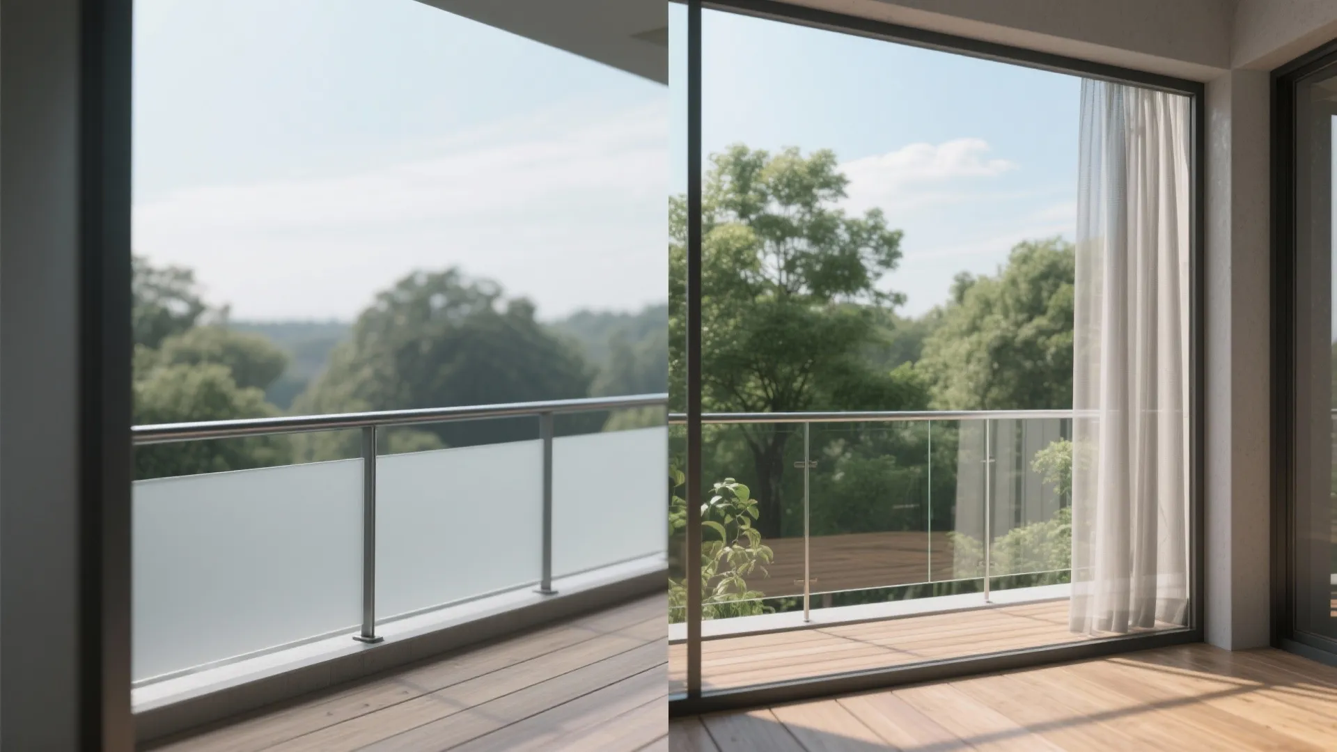 Before and after comparison showing a frosted glass balcony railing versus a clear glass balcony railing