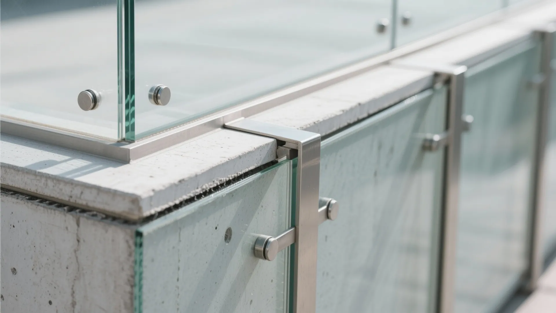 Close up of a clear glass railing with metal parts attached to a concrete balcony wall