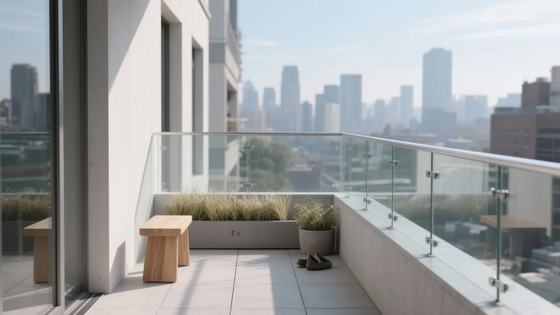 Minimalist high rise balcony with glass railing small wooden bench potted plants and city skyline view