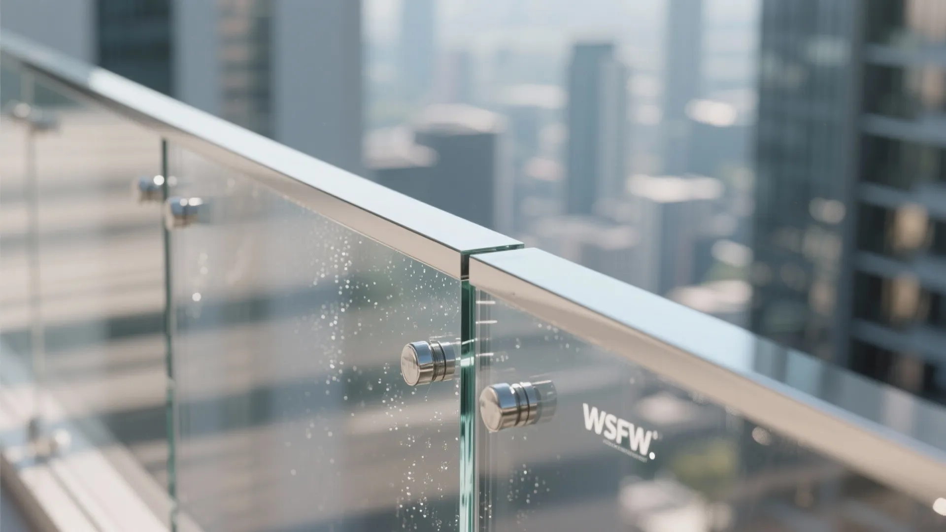 Modern glass balcony railing with silver metal handrail and blurred city buildings in the background
