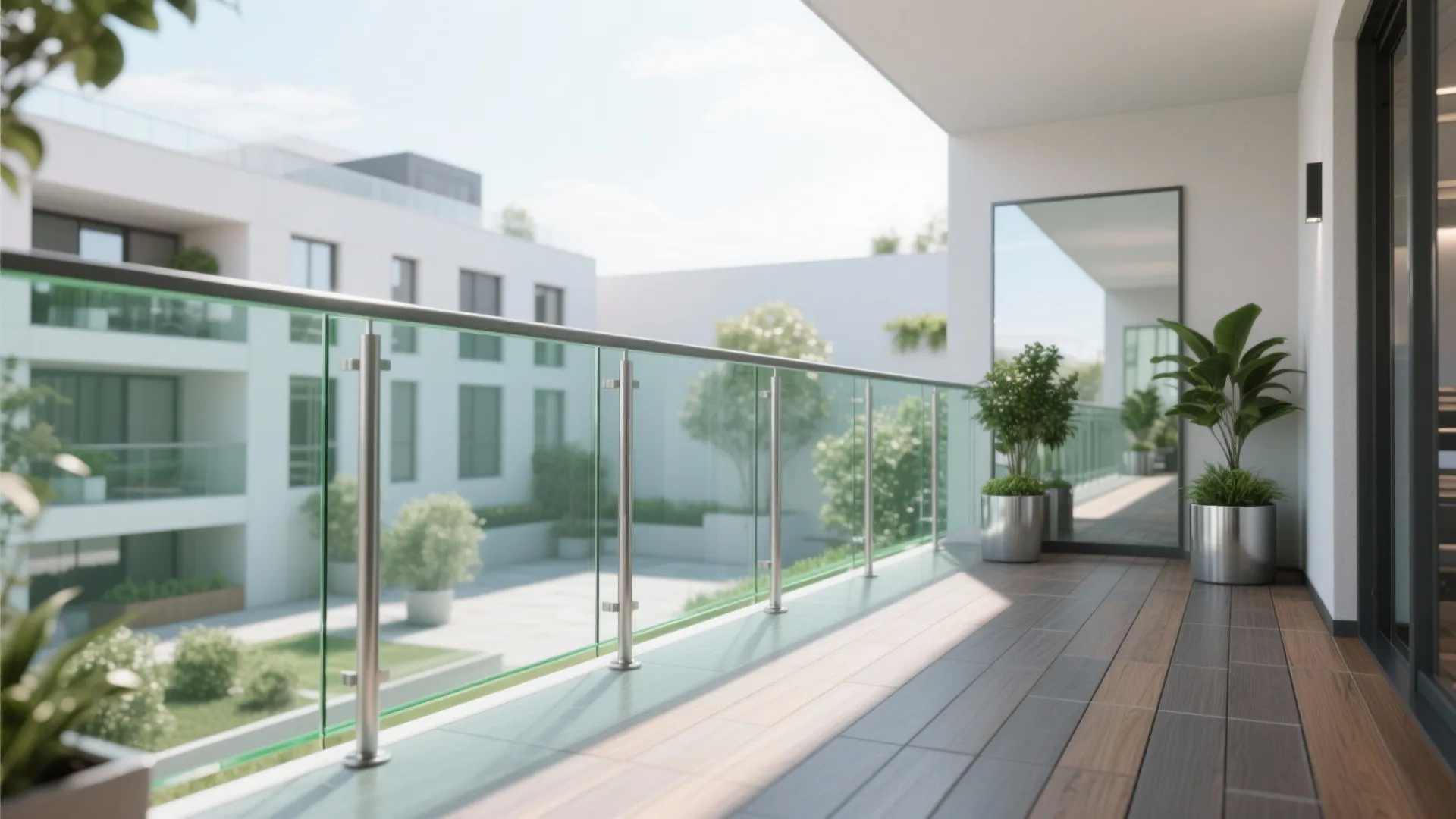 2) Clear balustrades + reflective accents for openness