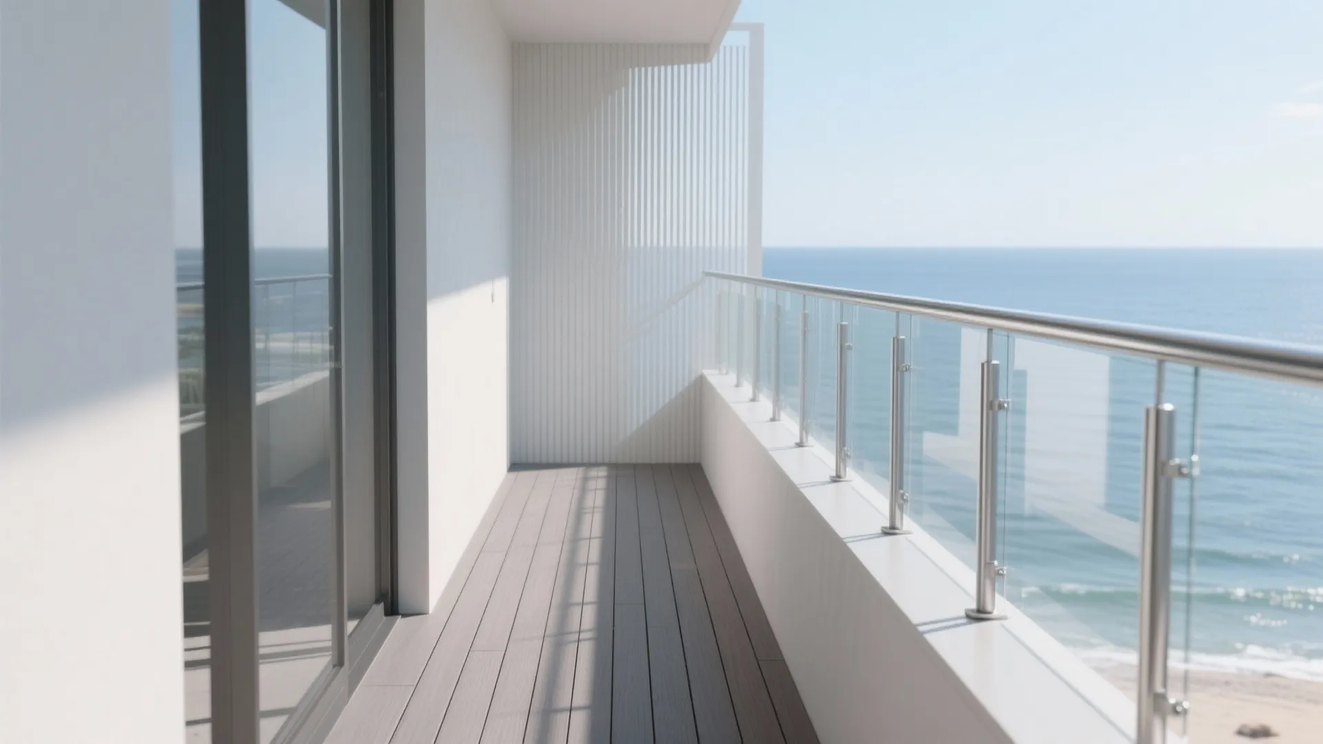 Long balcony with glass railing, grey wood flooring, white walls, and a clear ocean view
