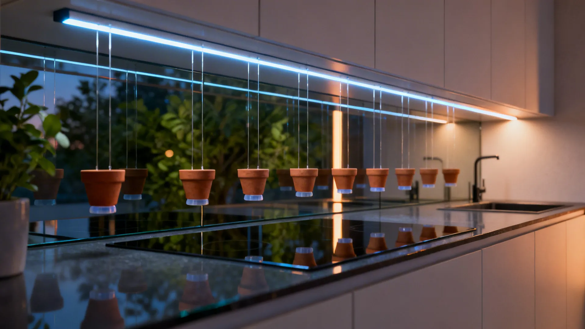 Glass Backsplash Light Rail with Clay Pots