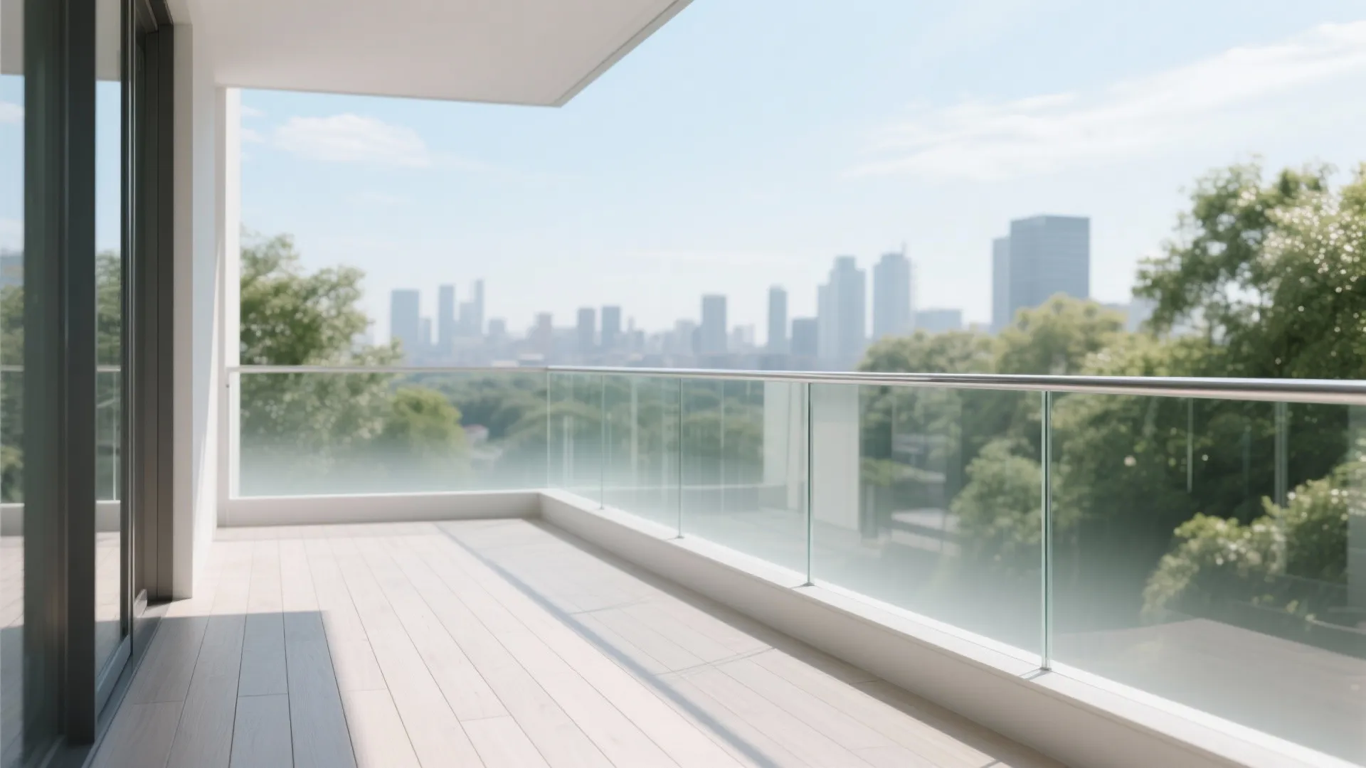 Modern empty balcony with light wood flooring glass railing and blurry city skyline view background